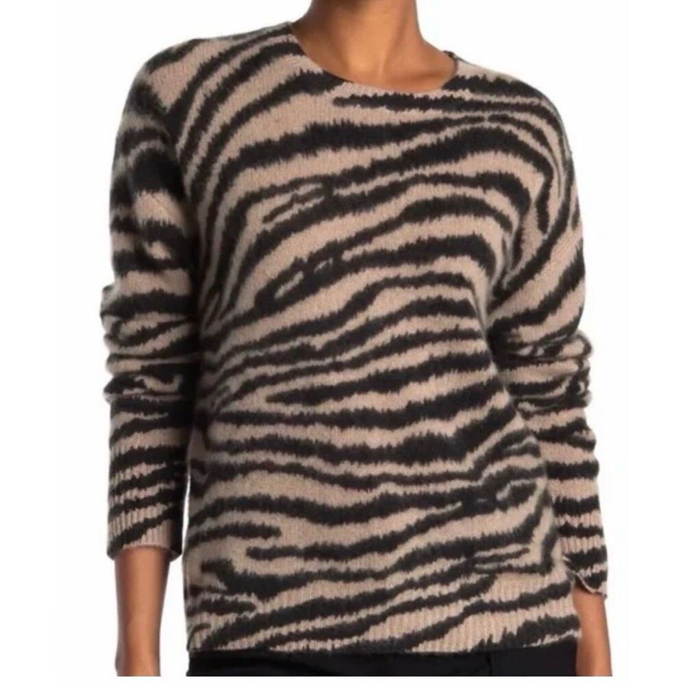 Magaschoni Sweater Cashmere Crewneck‎ Zebra Animal Print Tan Brown Small